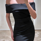 Floor Length Black Satin Evening Dress Off The Shoulder Mychicdress